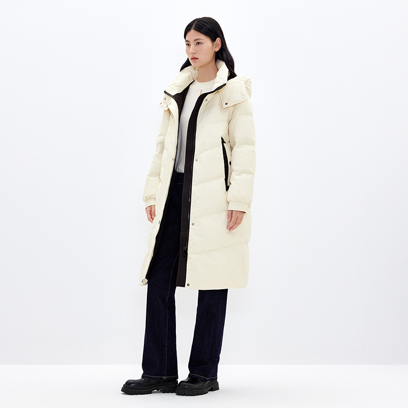 十二篮专选24冬新款防风长款三防连帽白鸭绒羽绒服女7C64508110