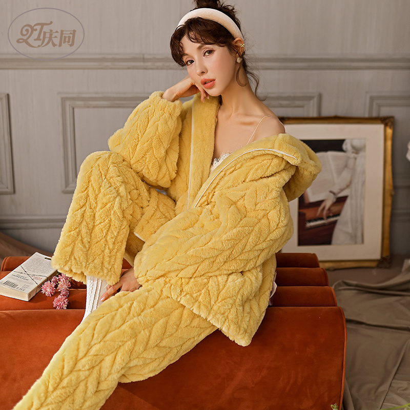 【零下20度】三层夹棉新款冬款睡衣宽松女士加绒保暖超厚家居服套