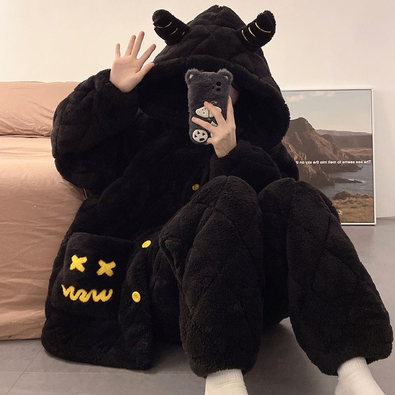 珊瑚绒甜美保暖女士可爱睡衣女秋冬季加厚加绒三层夹棉家居服套装