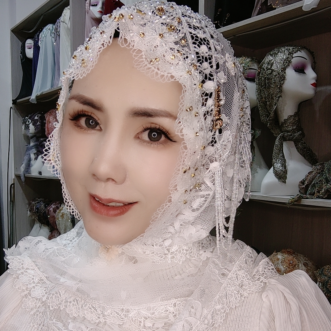 蓝海花蕾丝水晶披肩重工时尚网红镂空流苏盖头百搭包头帽子