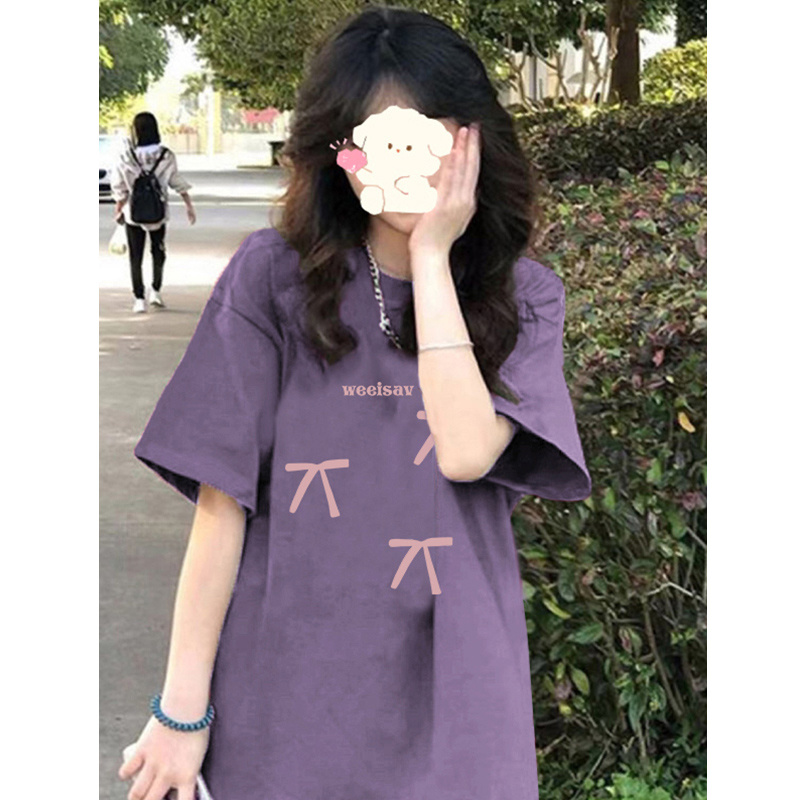 潮牌设计感慵懒紫色纯棉圆领短袖T恤女夏季新款oversize宽松上衣