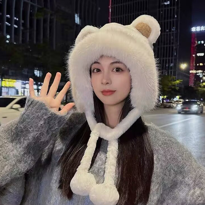 秋冬季女款毛茸茸包头帽子韩版户外雷锋帽防寒帽毛绒小熊耳朵帽子