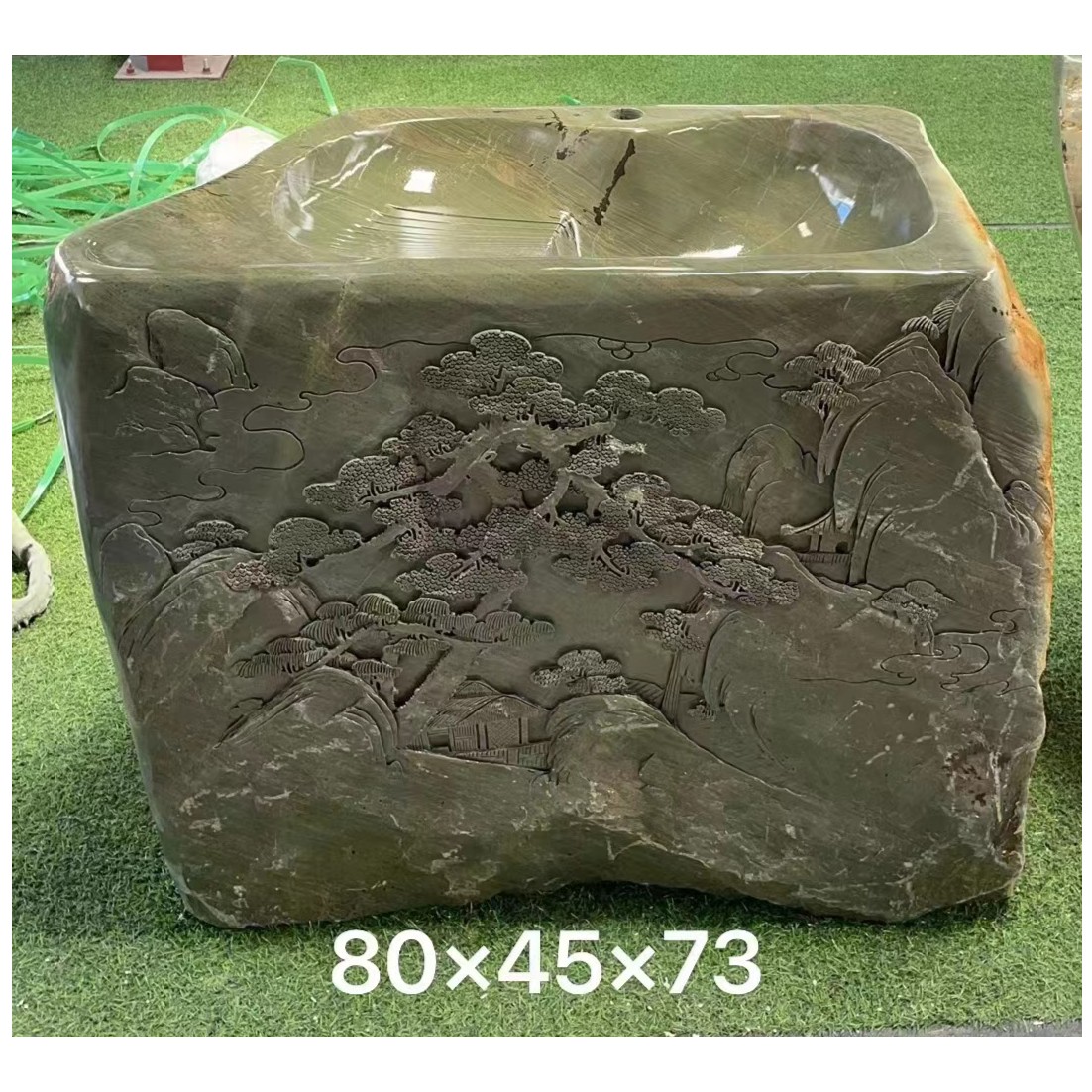 砚石雕花洗手盆洗衣池天然原石户外庭院花园一体式石头水池洗脸盆
