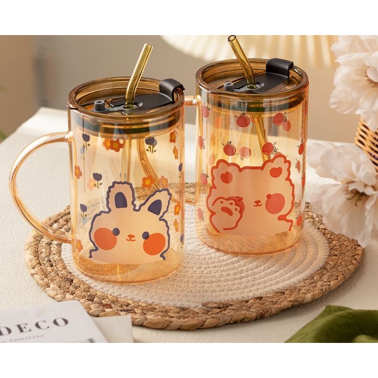 可爱兔兔小熊带盖吸管杯1L大容量家用果汁冷饮杯