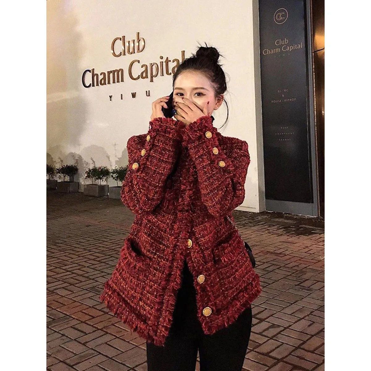 2023秋季新款法式高端名媛气质红色小香风外套女短款粗花呢时尚女