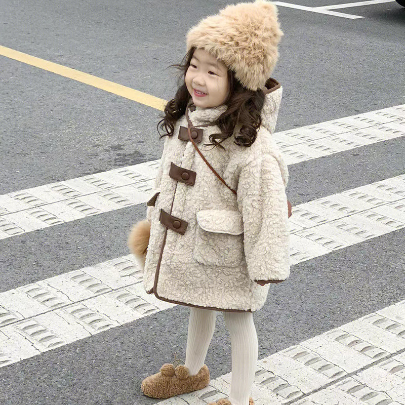 女童秋冬外套女孩羊羔绒加厚加绒中长款连帽大衣女宝宝韩版毛毛衣