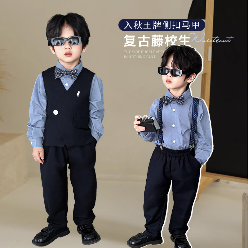 复古儿童秋季马甲礼服2023新款男童背带套装宝宝学院风马甲演出服