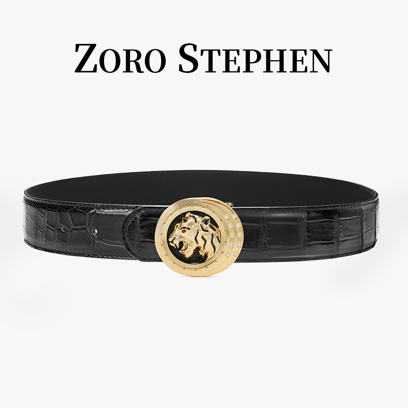 佐罗史蒂芬真鳄鱼手工时尚百搭潮流男士腰带 满钻虎头镀金男皮带