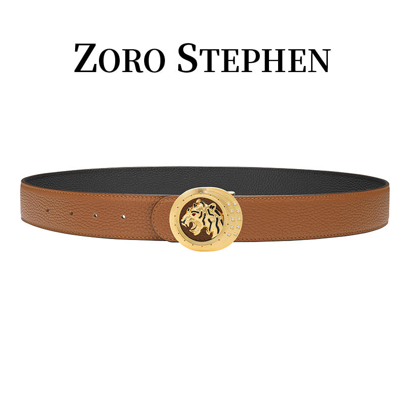 佐罗史蒂芬真牛皮手工时尚双面男士腰带镶钻虎头镀金钢扣真皮皮带