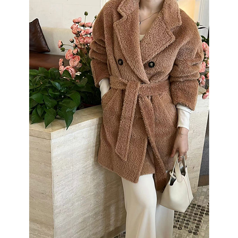 大连如意2024秋冬新款韩系苏力羊驼绒双面呢大衣大牌驼色毛呢外套