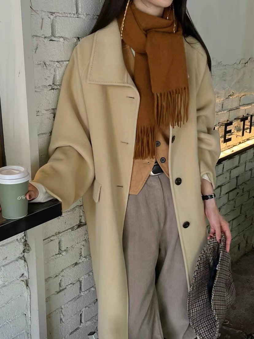原单款 温柔鹅黄色中长款小翻领 双面羊毛大衣女
