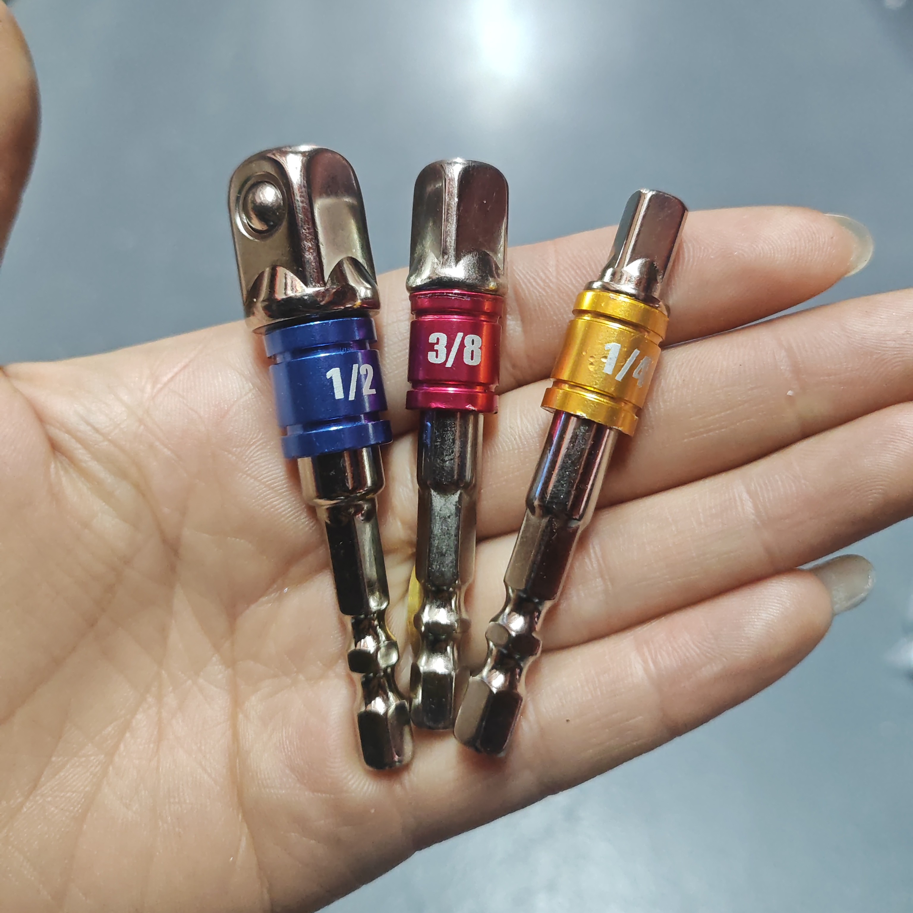 彩色3件套筒转换接头电动电钻长短转换大飞小飞中飞1/4接杆3/81/2