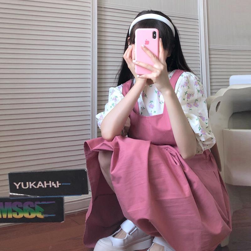 背带裙女秋季2023新款小清新收腰显瘦两穿减龄甜美裙子粉色连衣裙