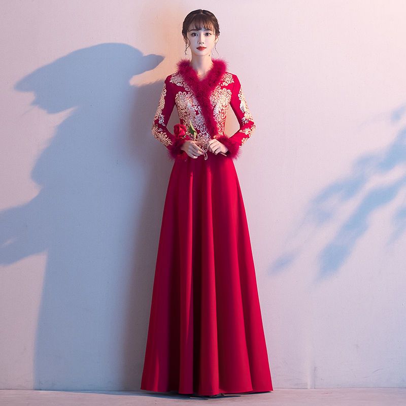 敬酒服新娘女2023新款冬季婚礼敬酒服回门礼服长款毛领宴会晚礼服