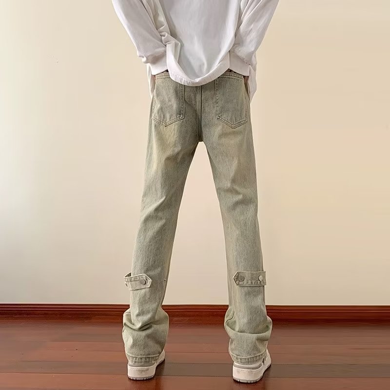 冬款做旧水洗十字架高街毛边贴布男美式阔腿牛仔拖地裤黄泥色