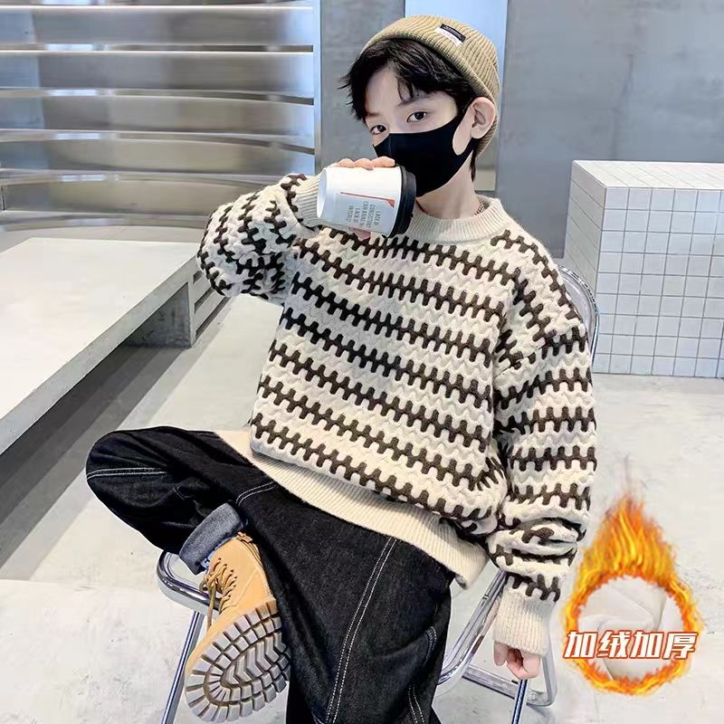 2025男童加绒毛衣秋冬新款洋气冬季打底针织衫中大童保暖加厚冬款