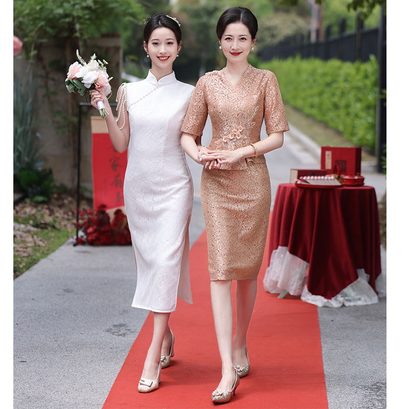 A019夏季小个子平时可穿妈妈装婚宴旗袍假两件套喜婆婆婚礼礼服