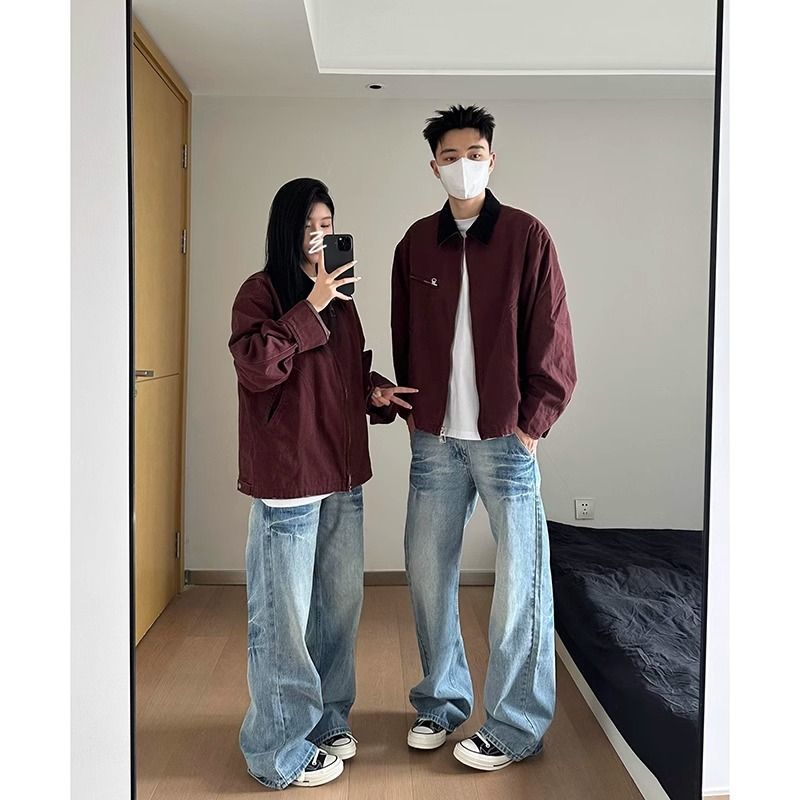 浅蓝色微喇牛仔裤男款秋季潮牌宽松水洗裤子美式高街直筒弯刀裤