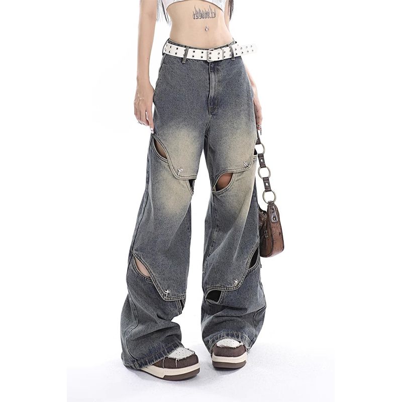 潮流复古设计感牛仔裤男女宽松镂空阔腿裤美式高街拖地情侣长裤子