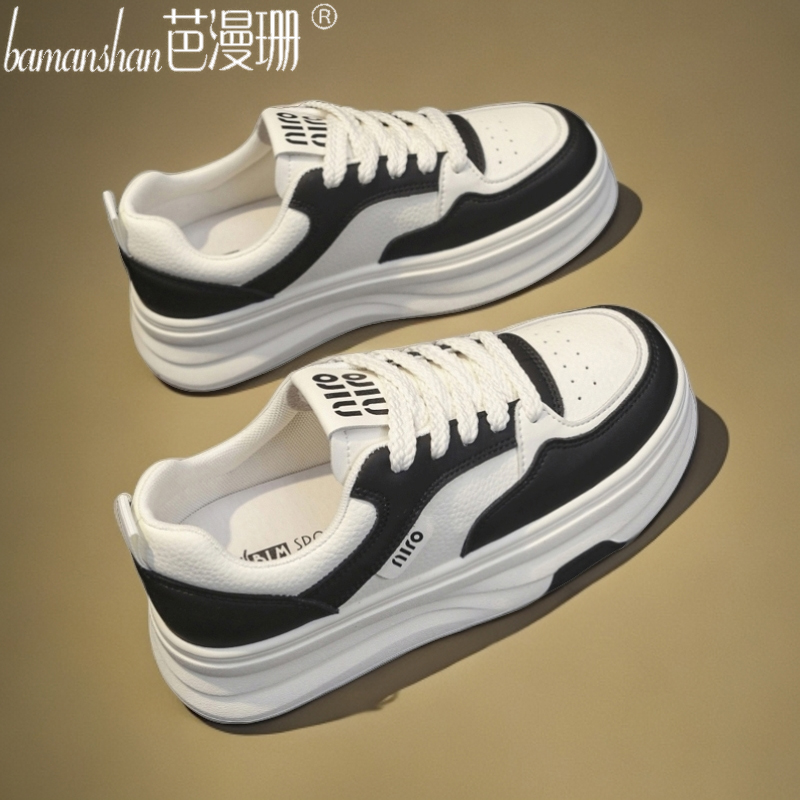芭漫珊厚底小白鞋女2024新款运动休闲鞋韩版小众黑白色百搭板鞋
