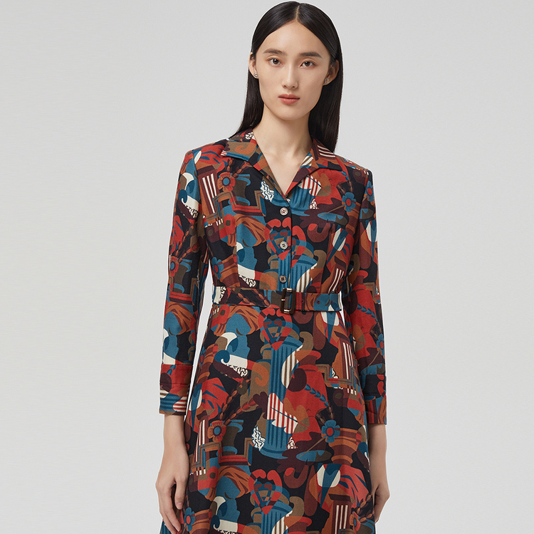 LANCY朗姿棉羊毛新款衬衫连衣裙印花收腰长袖裙子LCBP03WOP139