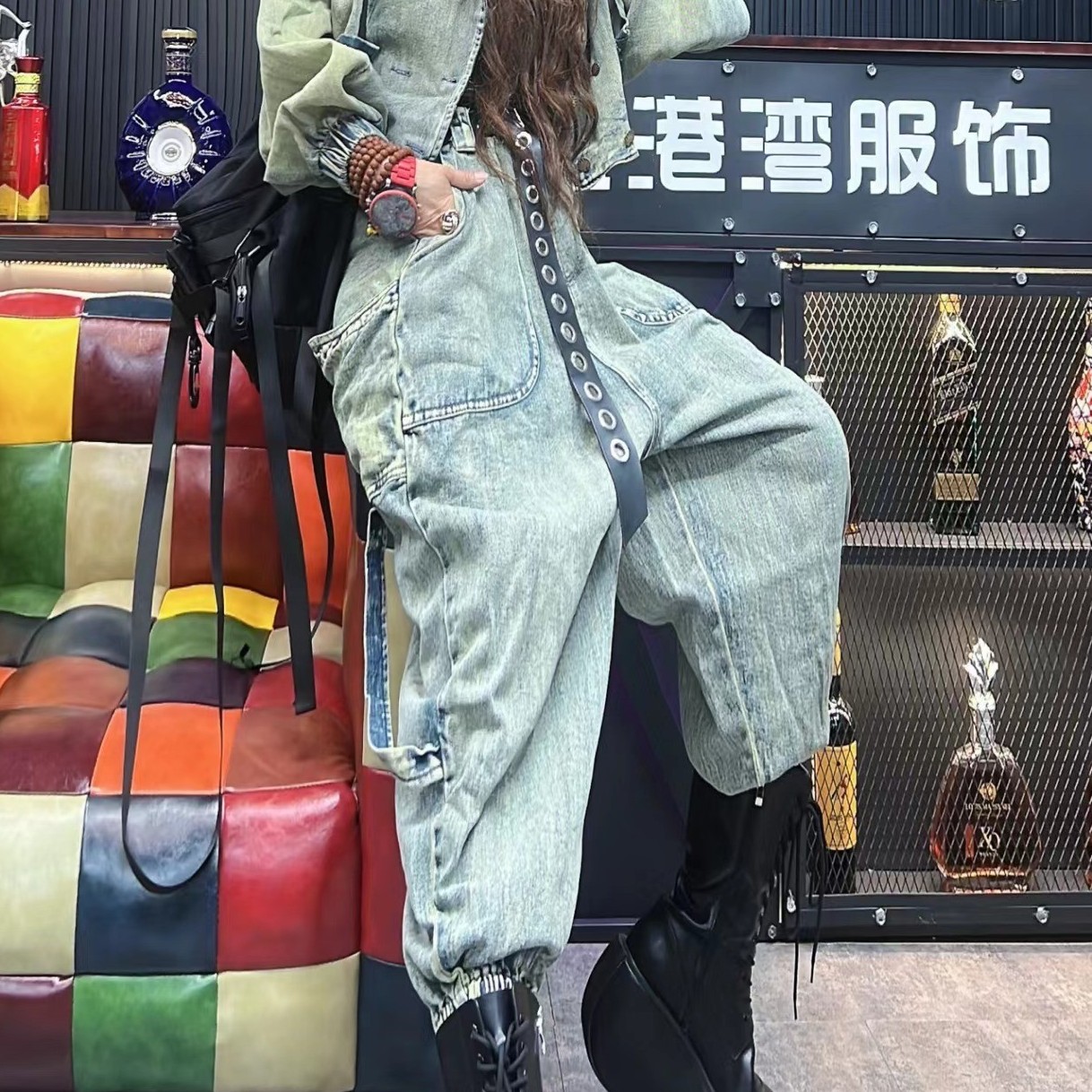 耍酷束脚工装牛仔裤