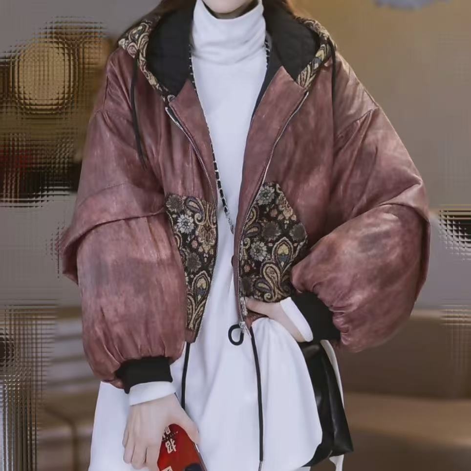 下摆抽绳拼花料连帽短款棉衣