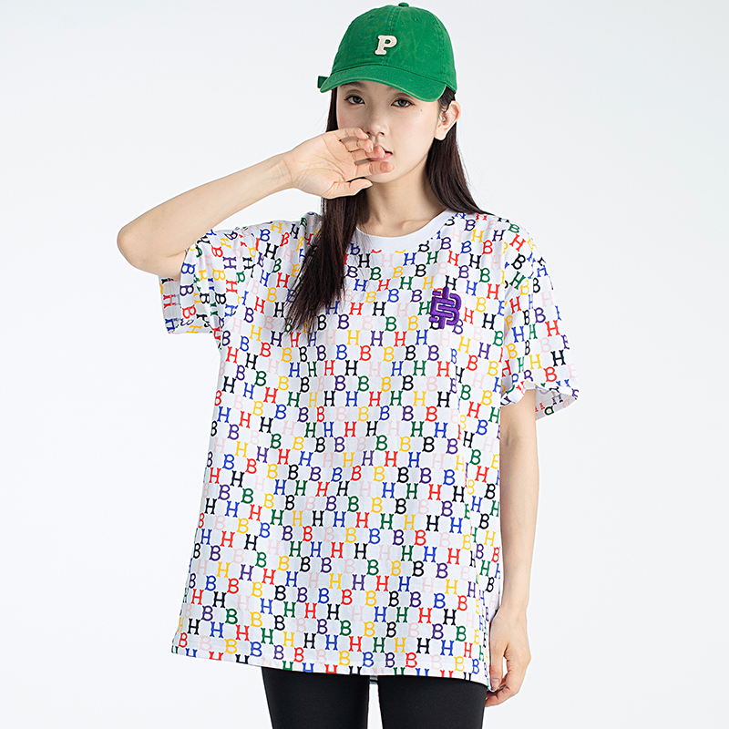 情侣运动T恤2023夏新款多彩老花宽松短袖T恤男女同款潮牌度上衣