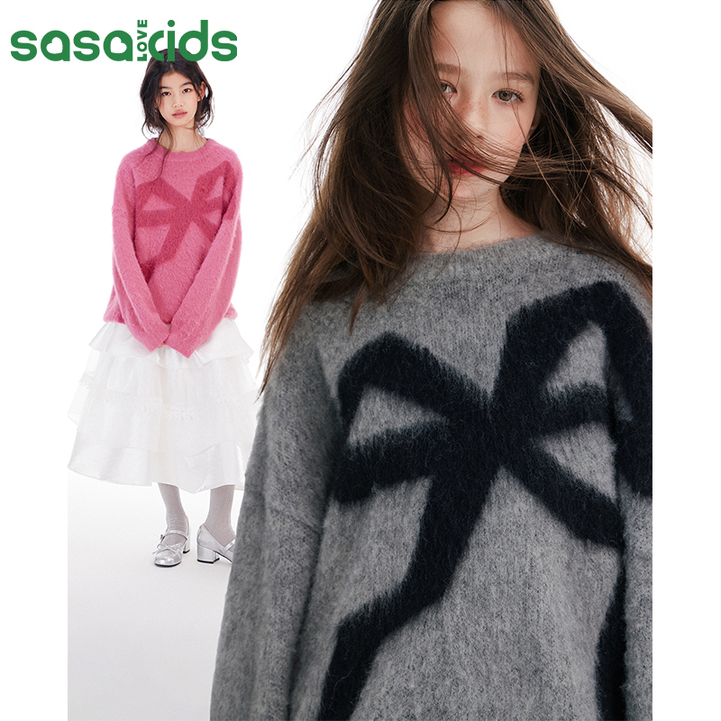 sasakids秋冬款刷毛毛绒感温暖圆领套头软糯针织女童毛衣休闲
