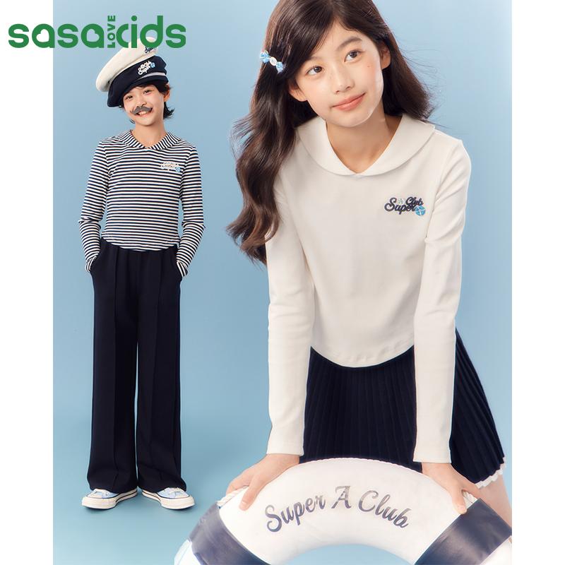 sasakids【少女航海家】休闲海军风微合身弹力长袖绣花T恤中大童