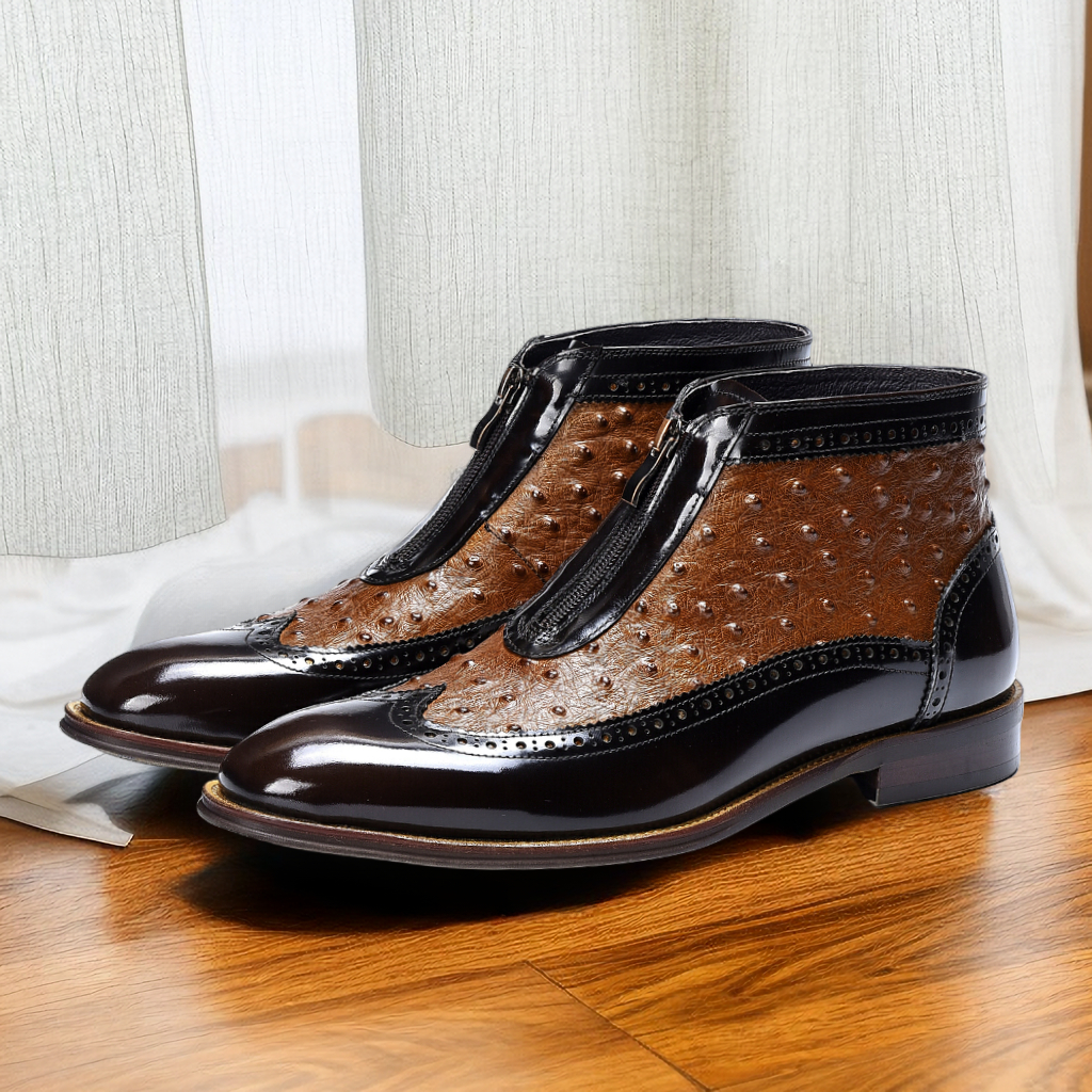 清仓处理捡漏网红鸵鸟纹马丁靴拉链复古男鞋正装商务真皮尖头皮靴