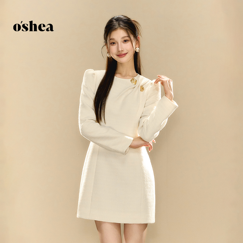 oshea【官方专享】法式小香千金风连衣裙女秋季金扣设计感裙子