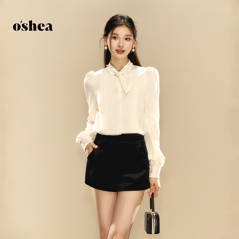 oshea【官方专享】赫本千金风缎面衬衫秋季长袖高级钉珠肌理感上衣