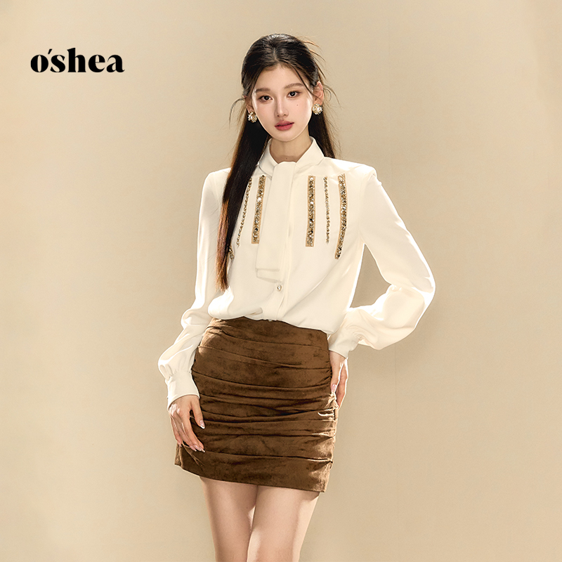 oshea【官方专享】法式白色衬衫早秋撞色亮片飘带蝴蝶结设计感上衣