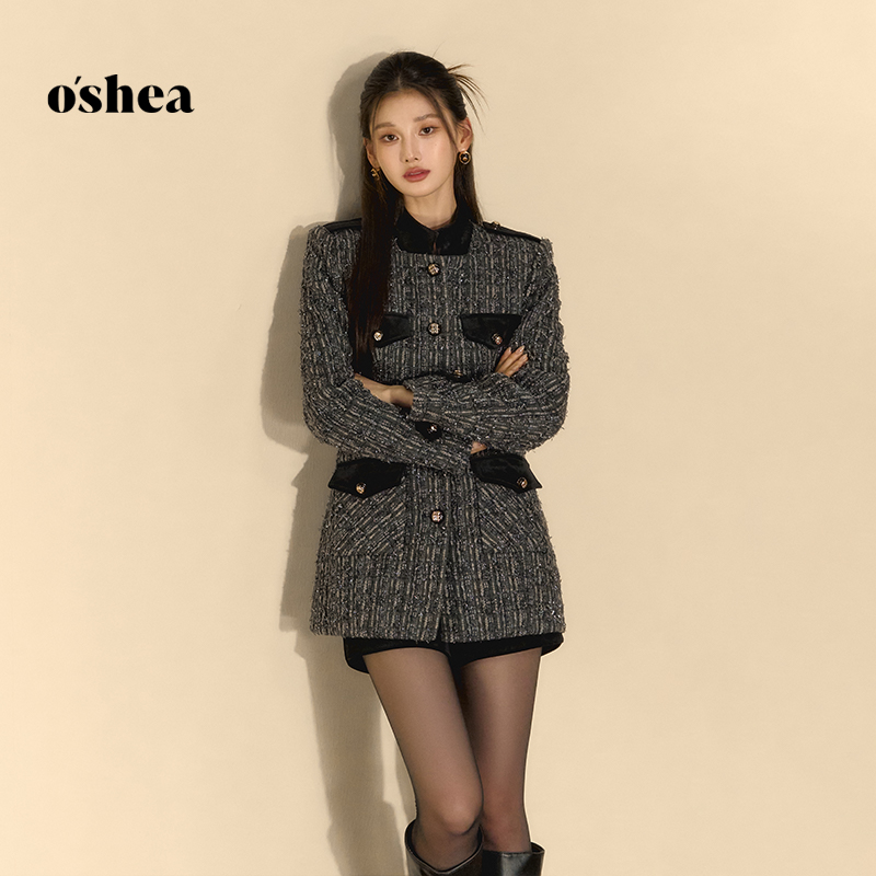 oshea【官方专享】丝绒撞色收腰外套女冬温暖立领显瘦修饰线条上衣