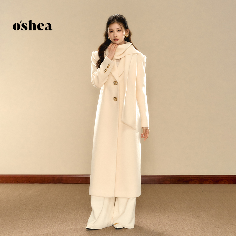 oshea【官方专享】软糯奶白大衣女冬极致收腰高级简约长款毛呢外套
