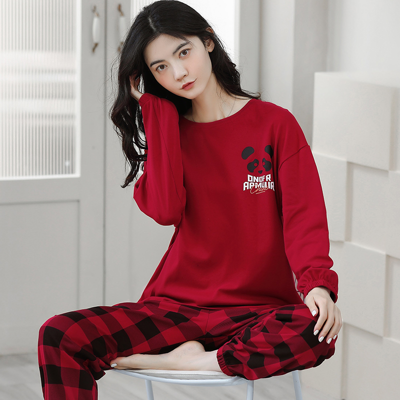 睡衣女秋冬季双面加厚纯棉长袖休闲圆领全棉喜庆红色本命年家居服