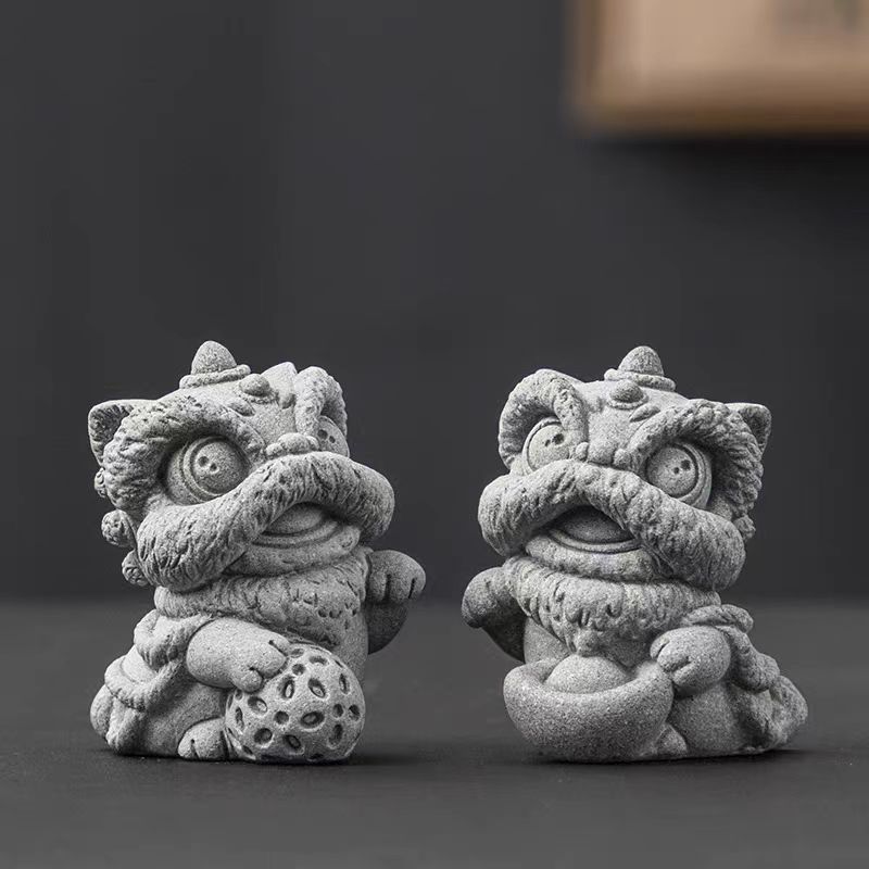 国风醒狮石狮子摆件一对吉祥物装饰品茶宠造景摆件工艺品生日礼物