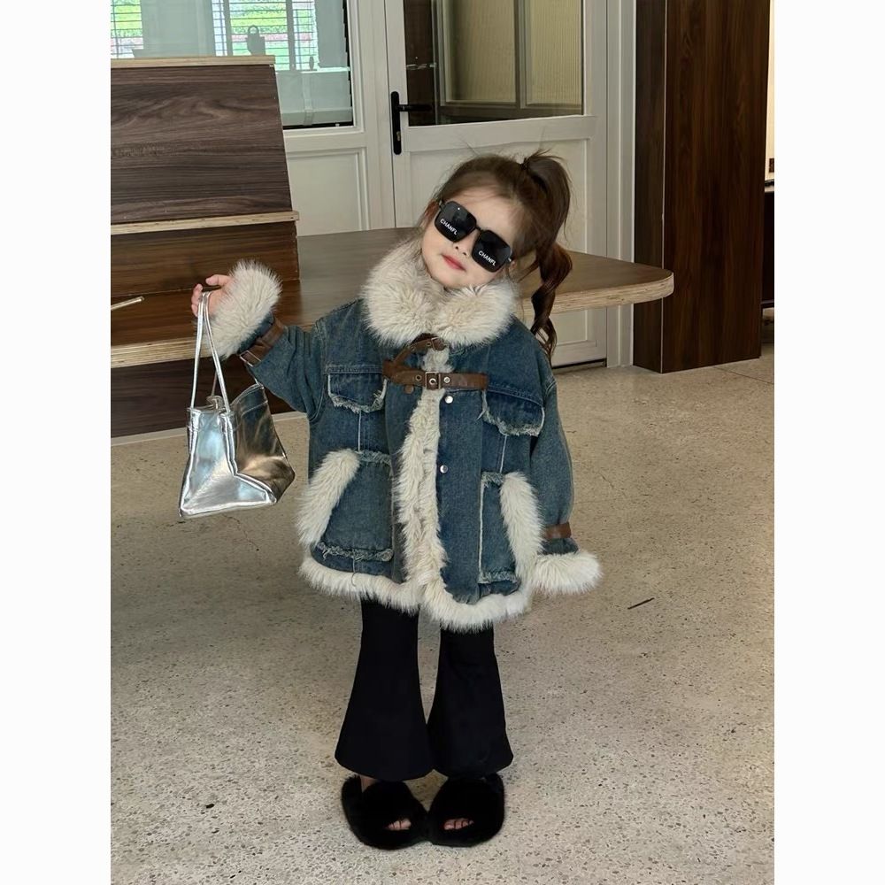 2023秋冬韩系女童棉衣时髦中大童设计感加绒牛仔外套儿童加厚网红