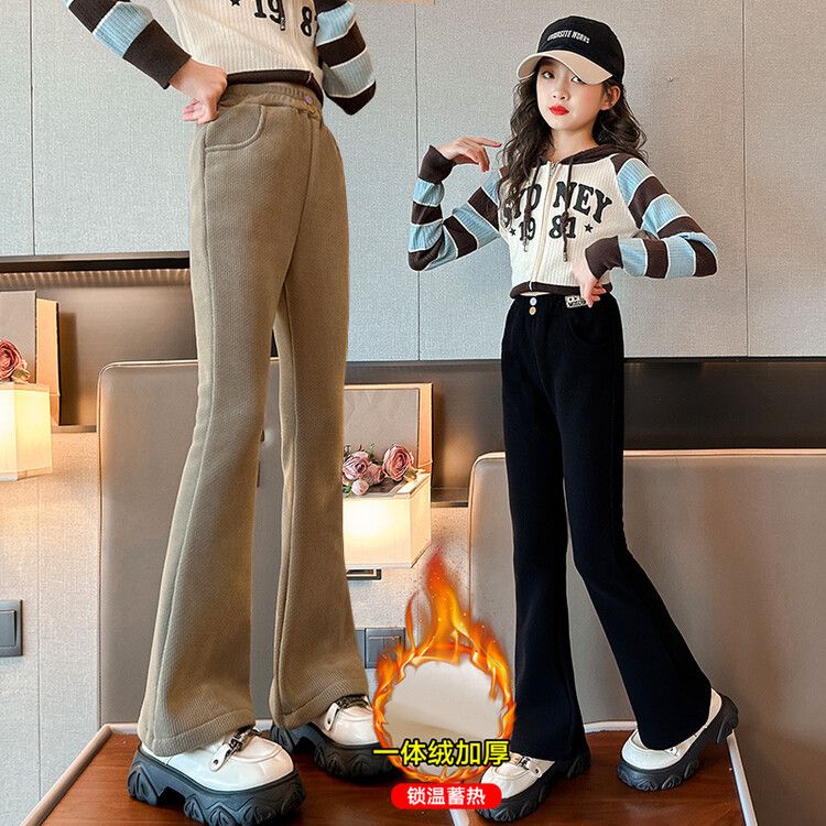 女童裤子冬款一体加绒儿童喇叭裤女孩冬季加厚外穿中大童微喇长裤