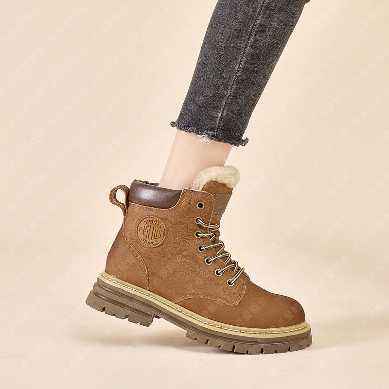 100%纯牛皮大黄靴女款东北冬季真皮厚底马丁鞋加绒皮毛一体马丁靴