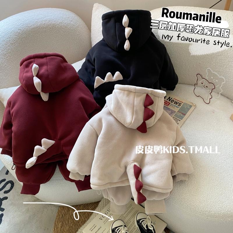 宝宝家居服冬季韩版男童冬装三层夹棉加厚睡衣男孩冬款保暖两件套