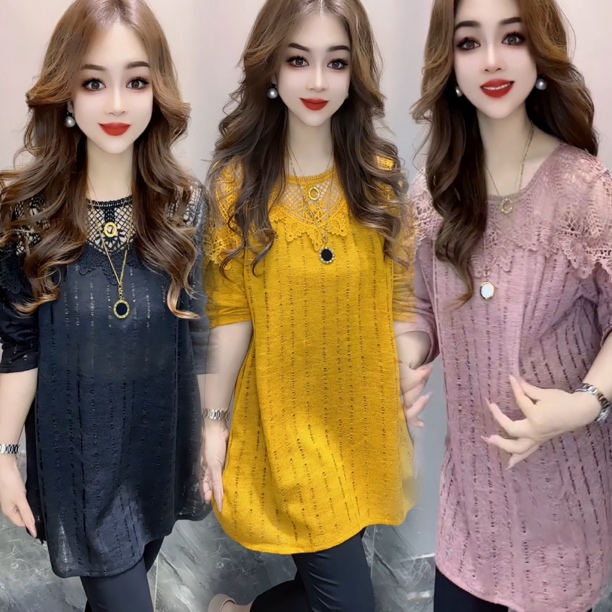 2024秋季新款时尚洋气中长款宽松显瘦遮肉镂空针织衫上衣女打底衫