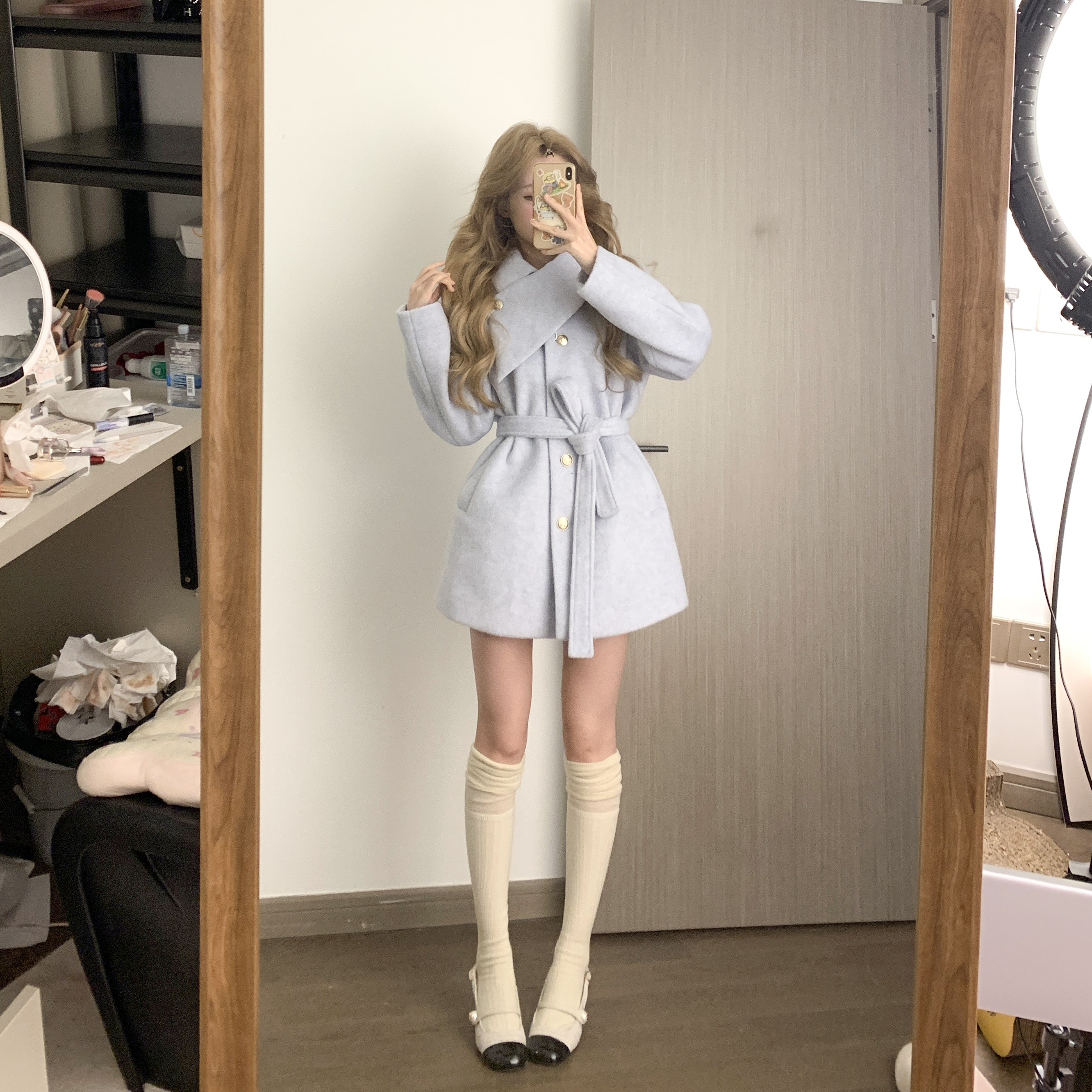 a【冰川雾蓝】穿搭甜美呢子大衣加厚收腰蓝色毛呢外套女冬季含羊毛