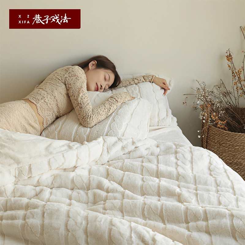 巷子戏法A类兔绒四件套珊瑚牛奶绒床单被套提花床上用品被罩被单