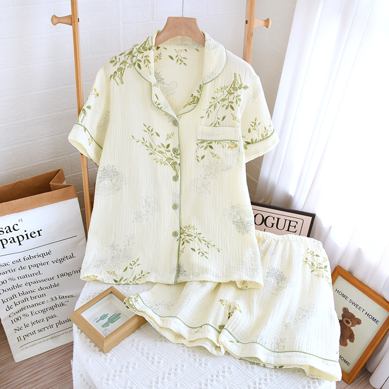夏季新款女士纯棉睡衣双层棉纱薄款短袖短裤套装家居服双层纱睡衣