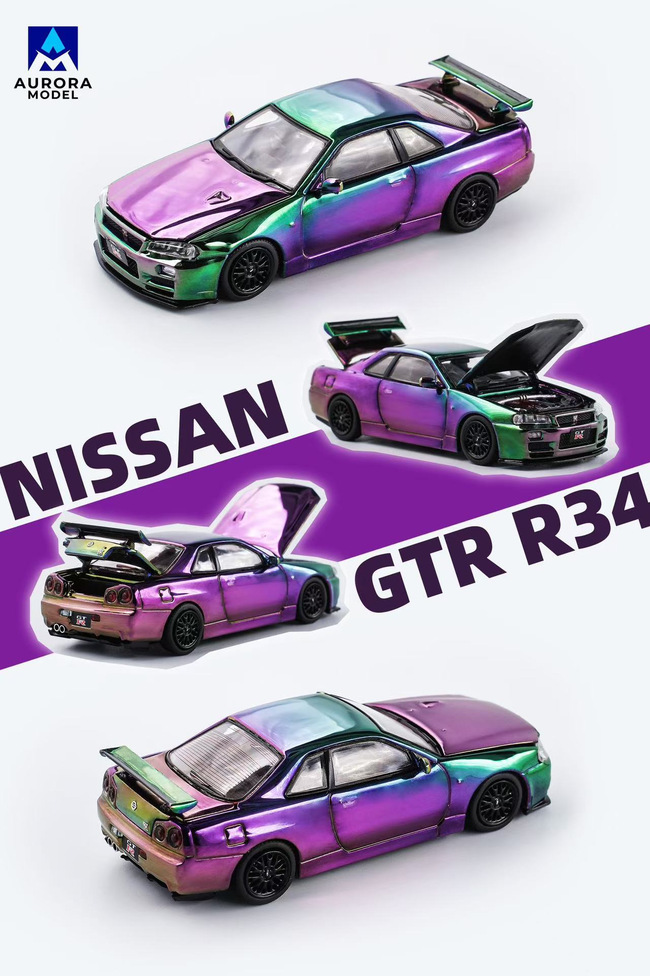 现货 东莞AIT展会限定款 1/64 GTR - R34 变色电镀电镀黑汽车模型