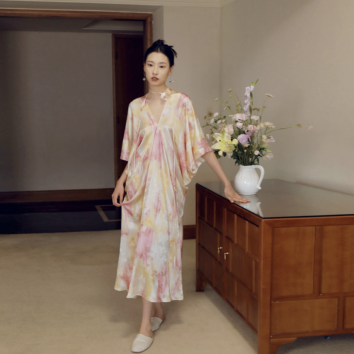 wakeup醒来法式桑蚕丝睡衣裙高级感晨袍女新娘大码拍照道具仙女裙