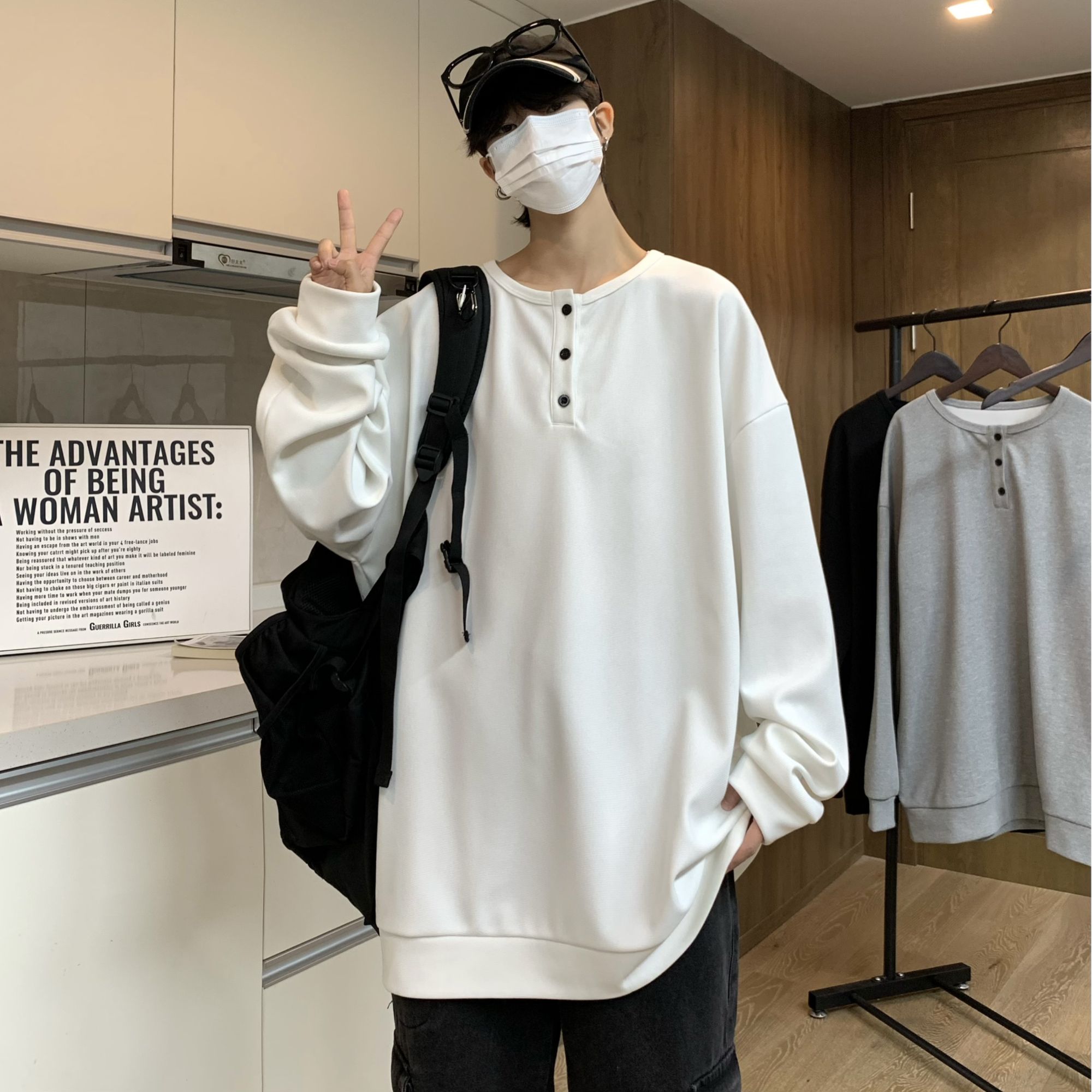 秋季新款潮流美式V领T恤打底衫情侣百搭男女同款oversize宽松上衣