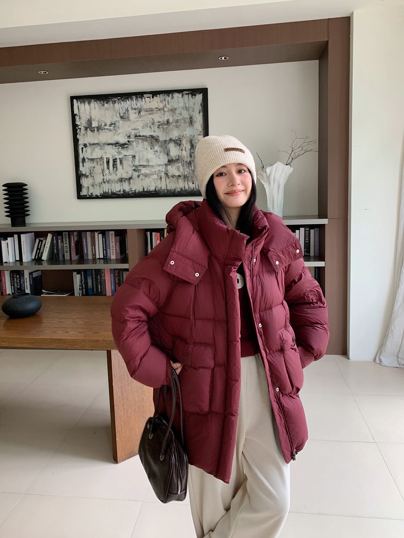 NVOEWA 冬季时尚气质极简保暖百搭韩系连帽中长款羽绒服女装1776